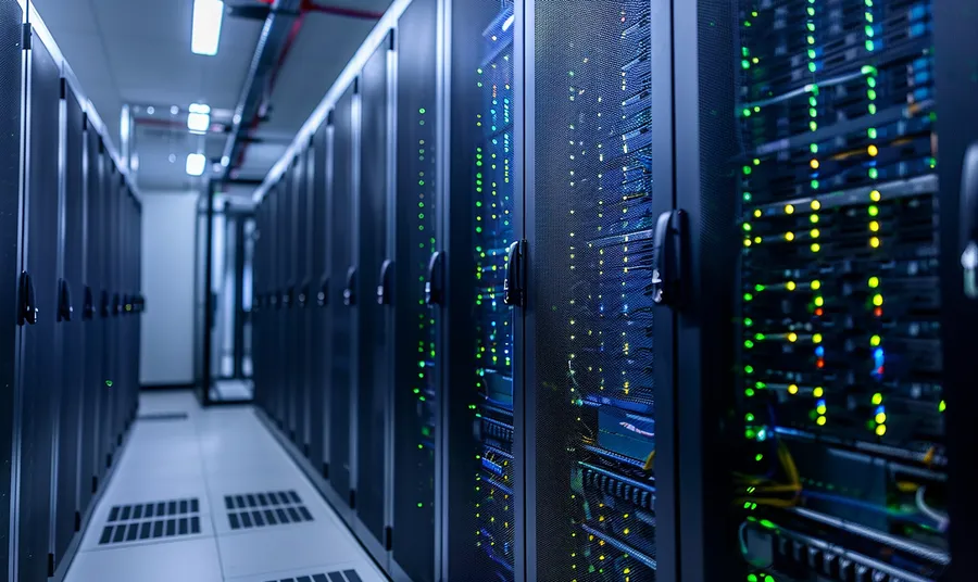 Serverraum mit beleuchteten Racks