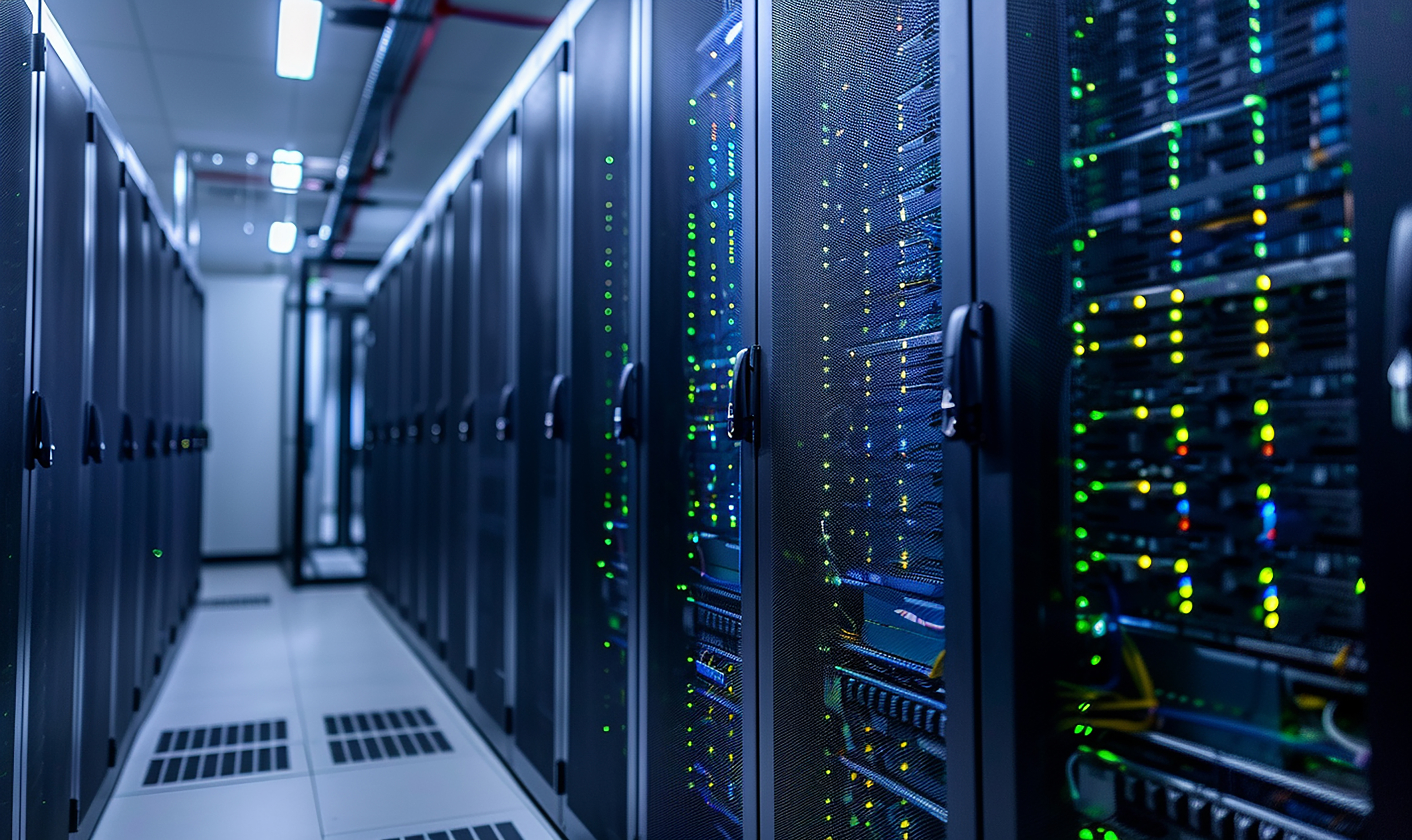 Serverraum mit beleuchteten Racks